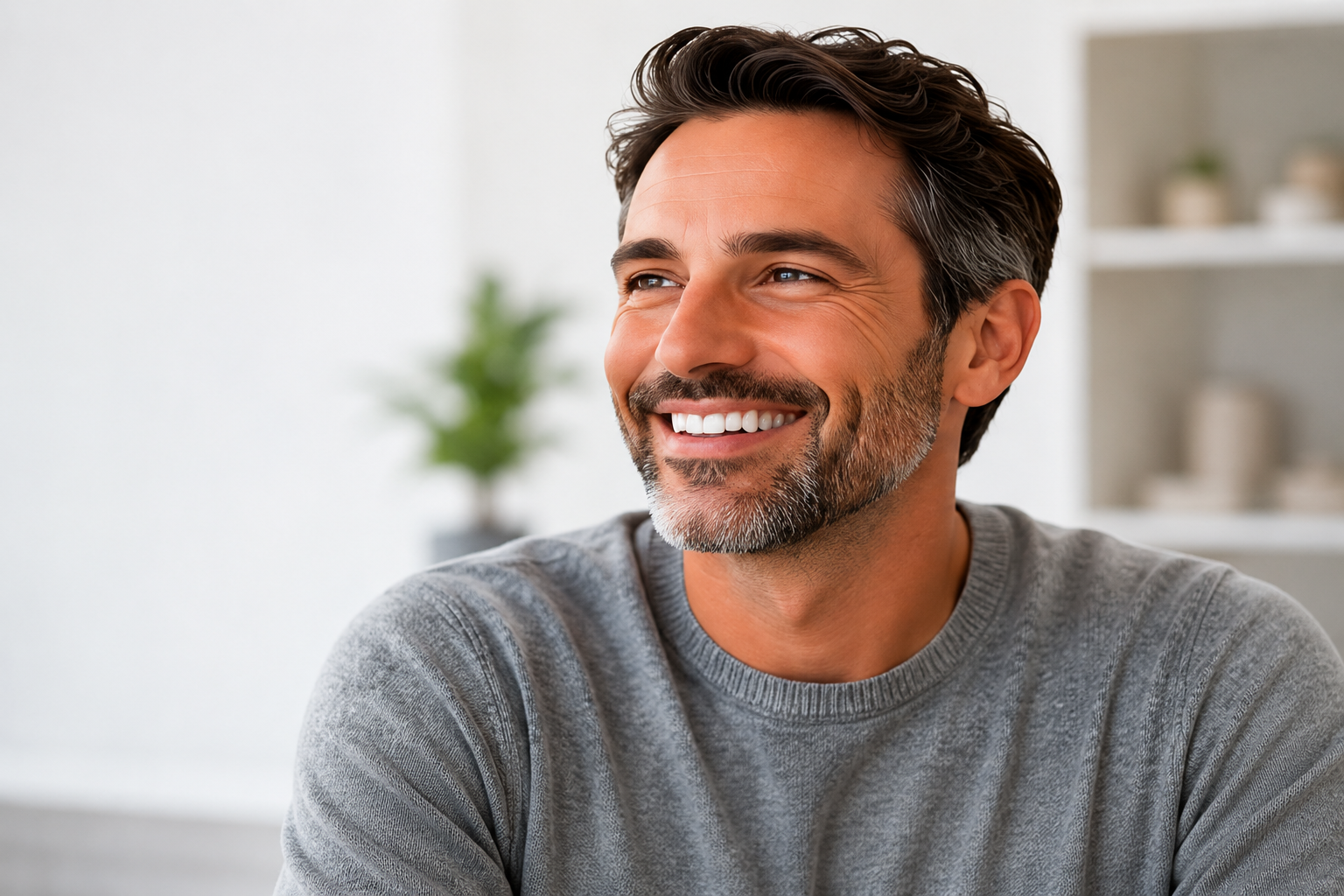 Smiling adult orthodontic patient with braces in a modern office