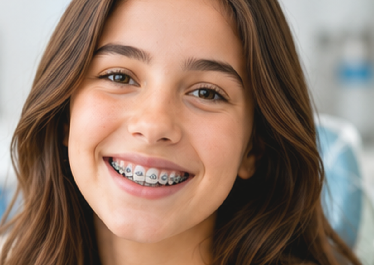 Smiling patient showing tooth-colored ceramic braces in a bright orthodontic office