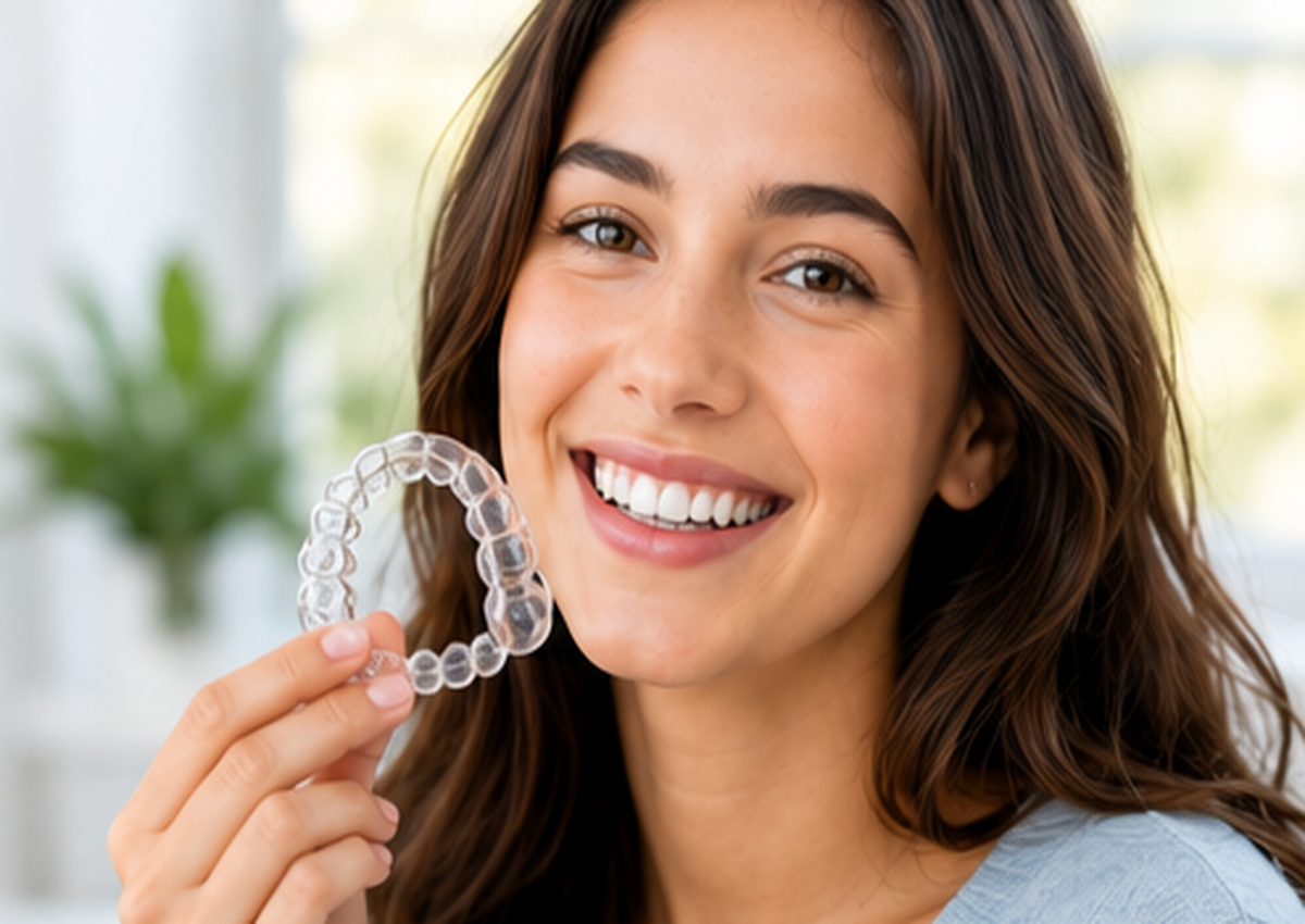 Smiling patient holding a clear aligner tray